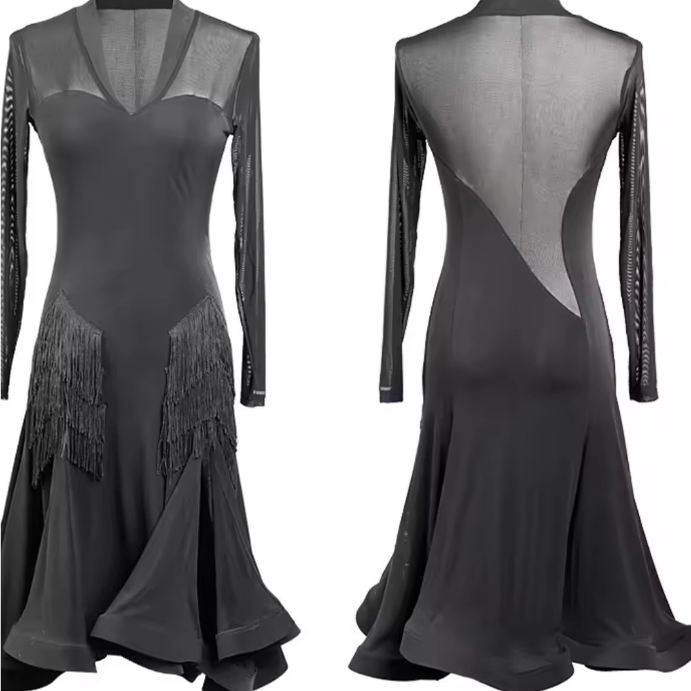 Chic Black Long Sleeve Dress with Fringe Details